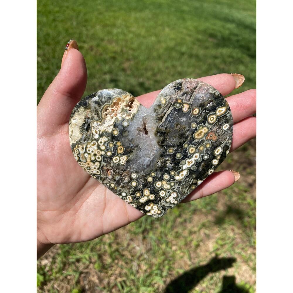 8th Vein Ocean Jasper Heart Carving , 154 g , Unique Orbicular Sea Jasper